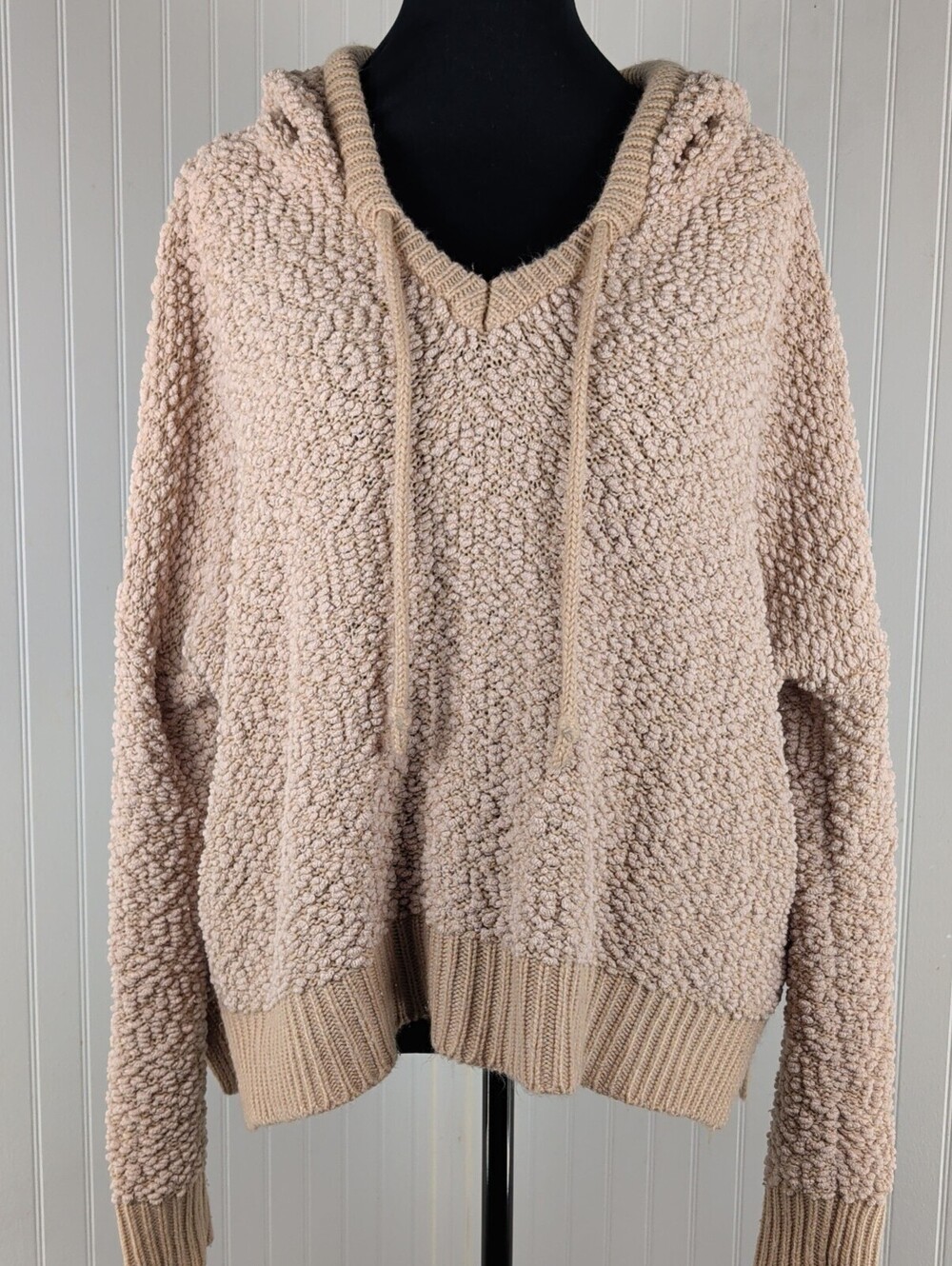 POL Boho Popcorn Knit Hooded Sweater Chunky Textured Pullover Oversized Beige ML